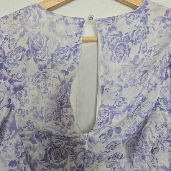 Dark Pink Dress Womens 8 Purple Floral Ruffle Boho Puff Sleeve Ruched Mini Femme - Picture 5 of 12